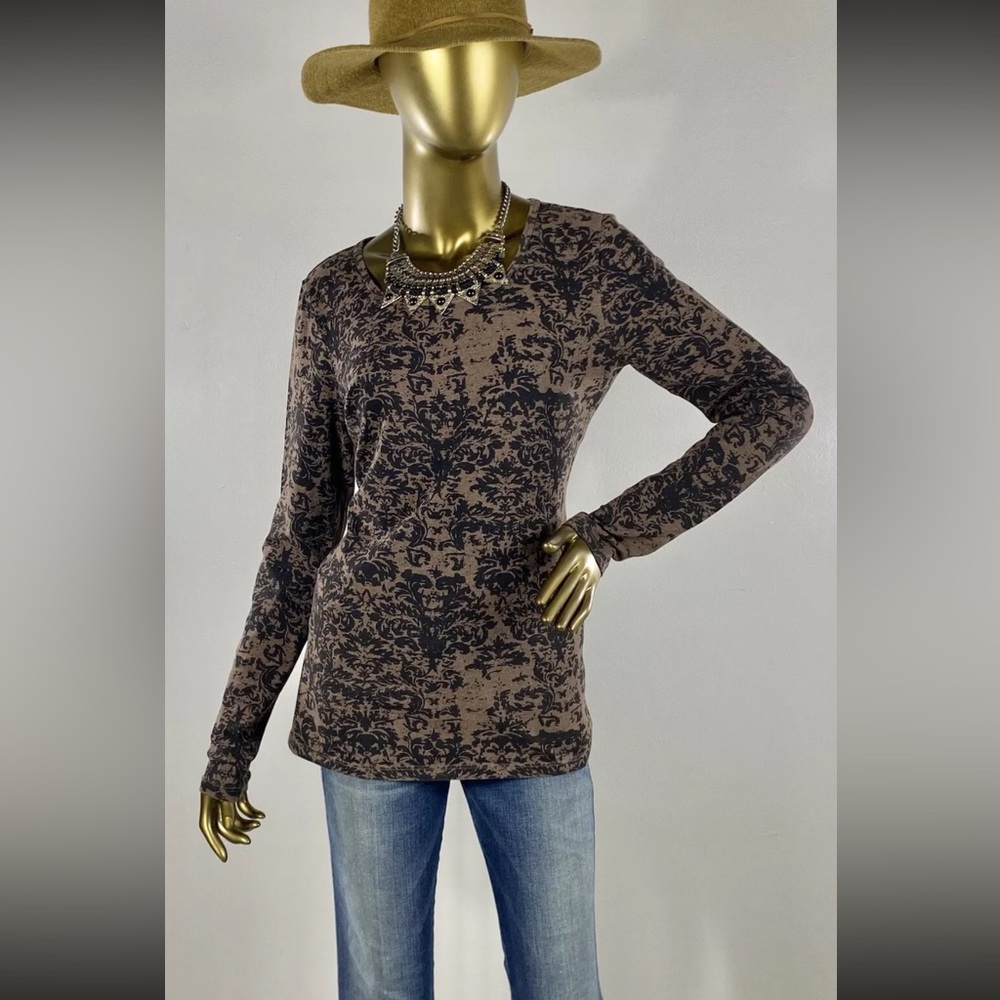 Peruvian Connection Top Long SLV Brown Floral Brocade Print Sz M EXCELLENT